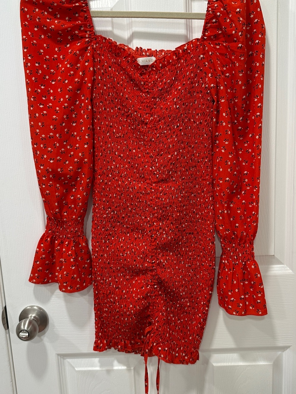 Vibrant Red Floral Smocked Mini Dress by O. Vianca